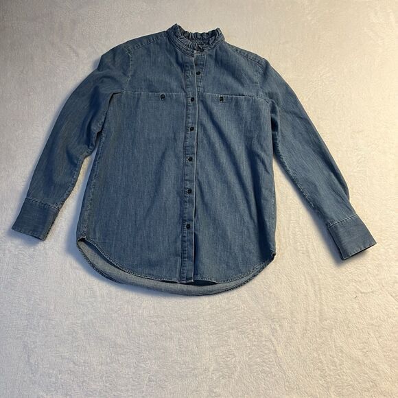 Paris Atelier Top Womens 4 Blue Denim Button Up Long Sleeve Ruffle Collar Preppy - Picture 1 of 10